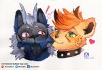  ! &lt;3 2019 ambiguous_gender anthro bite canid canine collar duo facial_hair felid feline fur hair head_tuft hi_res mammal murazaki painting_(artwork) simple_background spiked_collar spikes traditional_media_(artwork) tuft watercolor_(artwork) white_background 