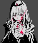  1girl bangs blood blood_on_face bloody_hair bloody_hands breasts cape cleavage eyebrows_behind_hair grey_background highres hololive hololive_english large_breasts longlong_(drasdr7513) looking_at_viewer monochrome mori_calliope pink_eyes solo spikes spot_color virtual_youtuber 