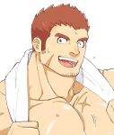  1boy bara brown_hair droplet facial_hair gunzo_(tokyo_houkago_summoners) harada_(basashi) large_pectorals looking_at_viewer male_focus muscular muscular_male naked_towel one_eye_closed portrait scar scar_on_cheek scar_on_face short_hair sideburns smile solo stubble tokyo_houkago_summoners towel towel_around_neck 