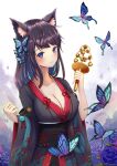  1girl absurdres animal_ear_fluff animal_ears azur_lane black_kimono black_sash blue_butterfly blue_eyes blue_flower blue_rose breasts bug butterfly cat_ears cleavage flower fusou_(azur_lane) highres insect japanese_clothes jeong_siot kimono large_breasts long_hair looking_at_viewer purple_hair rose sash solo wide_sleeves 
