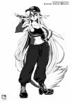 2019 absurd_res anthro baseball_cap boots clothed clothing crop_top female footwear full-length_portrait greyscale hair hand_on_hip hat headgear headwear hi_res holding_object holding_weapon long_hair looking_at_viewer melee_weapon monochrome murazaki portrait shirt simple_background solo standing sweatpants sword topwear weapon white_background 