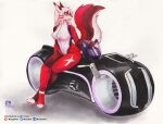  2019 absurd_res anthro biped bodysuit breasts canid canine clothing female fluffy fluffy_tail fur futuristic hair hi_res looking_away mammal motorcycle motorcycle_helmet murazaki painting_(artwork) paws simple_background sitting skinsuit solo tight_clothing traditional_media_(artwork) vehicle watercolor_(artwork) white_background 