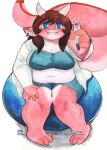  2019 absurd_res anthro bean_bag bottomwear breasts claws clothing crop_top dragon ear_piercing female hi_res horn jacket looking_at_viewer midriff murazaki navel non-mammal_breasts obese obese_anthro obese_female overweight overweight_anthro overweight_female painting_(artwork) pen piercing scalie shirt shorts simple_background sitting slightly_chubby smile solo topwear traditional_media_(artwork) watercolor_(artwork) white_background 