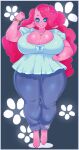  anthro big_breasts blue_eyes breasts cleavage clothed clothing female hand_on_hip hi_res huge_breasts mammal pink_body pink_hiar sin-chan smile solo thick_thighs 