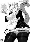  2020 absurd_res anthro beverage big_breasts biped blush breasts clothing felid feline female fur garter_straps greyscale hair hi_res holding_beverage holding_object legwear looking_at_viewer looking_down low-angle_view maid_uniform mammal monochrome murazaki open_mouth simple_background smile solo stockings thick_thighs thigh_highs uniform white_background wide_hips 