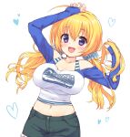  1girl :d black_pants blonde_hair blue_scrunchie blue_sleeves breasts hair_ornament hair_scrunchie heart highres large_breasts lena_liechtenauer long_hair looking_at_viewer namamoto navel open_mouth pants purple_eyes raglan_sleeves scrunchie senren_banka shirt simple_background smile solo taut_clothes taut_shirt twintails upper_body white_background 