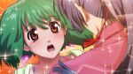  1boy 1girl :o blue_hair brown_eyes from_behind game_cg green_hair long_hair macross macross_frontier macross_frontier:_sayonara_no_tsubasa official_art ponytail ranka_lee saotome_alto sparkle uta_macross_sumaho_deculture 