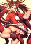  1girl absurdly_long_hair akai_kagerou ankle_boots boots brown_eyes brown_hair china_dress chinese_clothes detached_sleeves dress fighting_stance guilty_gear guilty_gear_xrd jumping kuradoberi_jam long_hair long_sleeves looking_at_viewer panties red_dress underwear very_long_hair white_panties wide_sleeves 