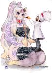  2019 absurd_res animal_humanoid big_breasts breasts clothing duo feeding female food hair hi_res horn human humanoid jewelry legwear long_hair looking_down mammal murazaki necklace painting_(artwork) ponytail simple_background sitting size_difference smile stockings thick_thighs topwear traditional_media_(artwork) tube_top watercolor_(artwork) white_background white_hair wide_hips 