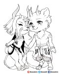  2019 anthro biped blush chibi clothed clothing digitigrade duo eyes_closed female fully_clothed hand_holding hi_res horn male mammal murazaki paws simple_background sketch smile topless traditional_media_(artwork) unknown_species ursid white_background 