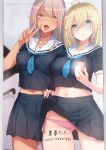  2girls :o ahoge akino_komichi aqua_eyes ass_visible_through_thighs bangs black_blouse black_serafuku black_skirt blonde_hair blouse blue_neckwear body_writing breasts cellphone elf eyebrows_visible_through_hair hair_between_eyes highres holding holding_phone large_breasts lifted_by_self long_hair medium_hair midriff miniskirt mirror multiple_girls nail_polish navel neckerchief original panties phone pink_hair pink_nails pink_panties pleated_skirt pointy_ears reflection sailor_collar school_uniform selfie serafuku short_sleeves side-tie_panties skirt skirt_lift smartphone taking_picture underwear v white_sailor_collar yellow_eyes 