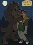  anthro blush brown_body brown_fur canid canine clothing decker_the_wolf duo fainted forest fur grass hi_res human humor male mammal moon muscular muscular_anthro muscular_male night nude plant shirt size_difference star topwear tree were werecanid werecanine werewolf 