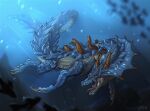  2021 4_toes alegrimm ambient_fish ambient_sealife ambiguous_gender back_spikes blue_body blue_feet blue_frill blue_nose blue_scales blue_skin blue_tail blurred_background blurred_foreground brown_claws brown_eyes brown_horn brown_spikes bubble capcom claws digital_media_(artwork) dorsal_frill dragon feet feral fish frill_(anatomy) front_view full-length_portrait hi_res horn lagiacrus leviathan_(mh) looking_aside marine membrane_(anatomy) membranous_frill monster_hunter multicolored_body multicolored_scales multicolored_skin open_mouth outside pink_tongue portrait pupils quadruped scales scalie sharp_claws sharp_fangs sharp_teeth slit_pupils smooth_horn solo spikes spikes_(anatomy) swimming tail_frill teeth toe_claws toes tongue two_tone_body two_tone_feet two_tone_scales two_tone_skin two_tone_tail underwater video_games water watermark white_body white_feet white_scales white_skin white_tail 