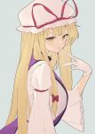  biting blonde_hair dress glove_biting gloves hair_ribbon hat hat_ribbon highres kanpa_(campagne_9) long_hair looking_at_viewer mob_cap red_ribbon ribbon touhou white_dress white_gloves wide_sleeves yakumo_yukari yellow_eyes 