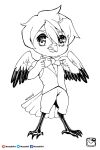  2019 avian beak bird bird_feet bow_tie chibi clothed clothing hair hi_res kemono looking_at_viewer male murazaki simple_background sketch smile traditional_media_(artwork) white_background wings 