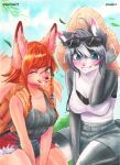  2019 absurd_res anthro backpack biped blush bottomwear bra bra_strap breasts canid canine cleavage clothed clothing duo eyewear female fox fur grey_body grey_fur grey_hair hair hands_between_legs hat headgear headwear hi_res kemono looking_at_viewer mammal murazaki one_eye_closed outside red_body red_fur red_hair shirt shorts sitting smile sunglasses tank_top teeth topwear underwear zuekrz 