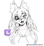  2019 anthro blush bust_portrait canid canine clothing eye_patch eyewear female hair hi_res hoodie inner_ear_fluff kemono long_hair looking_at_viewer mammal murazaki open_mouth pigtails portrait signature simple_background sketch smile solo topwear traditional_media_(artwork) tuft white_background 