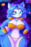  anthro blue_body blue_fur blue_hair bottomwear breasts canid canine chuchodraws clothed clothing female fox fur hair hi_res kirby kirby_(series) krystal looking_at_viewer mammal nintendo simple_background solo star_fox thick_thighs topwear video_games white_body white_fur 
