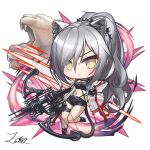  1girl animal_ear_fluff animal_ears arknights bangs black_footwear black_gloves black_scarf black_shorts blush boots breasts chibi cleavage closed_mouth crop_top crossbow ear_piercing eyebrows_visible_through_hair eyes_visible_through_hair fingerless_gloves full_body gloves grey_hair hair_over_one_eye highres holding holding_weapon jacket long_hair long_sleeves looking_at_viewer medium_breasts midriff navel open_clothes open_jacket piercing ponytail puffy_long_sleeves puffy_sleeves scarf schwarz_(arknights) see-through short_shorts shorts signature simple_background solo standing standing_on_one_leg very_long_hair weapon white_background yellow_eyes z.m._(school913102) 