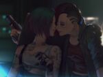  2girls black_hair cyberpunk cyberpunk_2077 finger_on_trigger gloves green_hair gun handgun highres holding holding_gun holding_weapon imminent_kiss judy_alvarez mechanical_parts multiple_girls number samurai_jacket tattoo v_(cyberpunk_2077) weapon yorukun yuri 