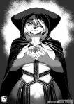 2020 abstract_background absurd_res anthro breasts cloak clothed clothing fangs felid feline female fully_clothed fur greyscale hair hi_res holding_object looking_at_viewer lynx mammal monochrome murazaki solo standing 