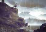  1other absurdres ambiguous_gender animal arrow_(projectile) banner cliff commentary english_commentary flag fog forest from_side grass highres holding holding_flag horse kalmahul knight nature original outdoors rain rock scenery sitting solo tree water 