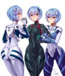  3girls :o ass ayanami_rei bangs blue_hair bodysuit breast_press covered_navel dated evangelion:_3.0+1.0_thrice_upon_a_time evangelion:_3.0_you_can_(not)_redo hair_between_eyes highres holding_another&#039;s_arm looking_back looking_to_the_side michi_kuso multiple_girls multiple_persona neon_genesis_evangelion plugsuit rebuild_of_evangelion red_eyes short_hair skin_tight smile 