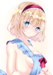  1girl alice_margatroid apron bangs bare_arms bare_shoulders blonde_hair blue_apron blue_eyes blush bow breasts closed_mouth collarbone eyebrows_visible_through_hair frilled_apron frills hair_between_eyes hairband highres looking_at_viewer medium_breasts naked_apron nanase_nao red_bow red_hairband short_hair solo touhou white_background 