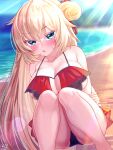  1girl akai_haato bangs bare_shoulders beach bikini blonde_hair blue_eyes blush breasts cleavage collarbone eyebrows_visible_through_hair highres hololive large_breasts long_hair looking_at_viewer magowasabi open_mouth outdoors red_bikini signature solo swimsuit twitter_username very_long_hair virtual_youtuber 