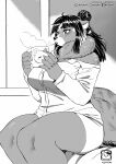  2020 absurd_res anthro bair bed beverage big_breasts biped bottomwear breasts clothing dress_shirt female fluffy fluffy_tail fur furniture greyscale hair hi_res holding_beverage holding_object inside mammal monochrome murazaki neck_tuft on_bed ponytail shirt shorts sitting solo steam topwear tuft ursid 
