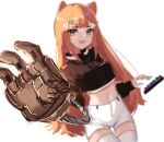  1girl :3 animal_ears bangs black_jacket blurry blurry_background brown_eyes cropped_jacket dayshiart english_commentary floating hair_ornament hairclip highres indie_virtual_youtuber jacket keyboard_(computer) long_hair mechanical_arms moofie_(vtuber) open_hand open_mouth shorts single_mechanical_arm solo thighhighs tiger_ears tiger_girl very_long_hair virtual_youtuber white_background white_shorts 