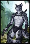  2021 abs anthro clockhands clothing detailed_background felid gun handgun harness hi_res jungle male mammal navel pantherine pistol ranged_weapon snow_leopard solo standing underwear weapon 