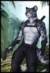  2021 abs anthro bottomwear clockhands clothed clothing detailed_background felid gun handgun harness hi_res jungle male mammal navel pantherine pants pistol ranged_weapon snow_leopard solo standing topless weapon 