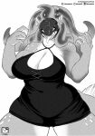  2020 absurd_res anthro big_breasts breasts clothed clothing curvy_figure female greyscale hi_res monochrome murazaki muscular muscular_anthro muscular_female sharp_teeth smile solo standing teeth thick_thighs tongue tongue_out unknown_species voluptuous wide_hips 