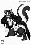  2020 absurd_res anthro biped claws clothed clothing crouching female fully_clothed fur greyscale hair hi_res long_hair looking_at_viewer mammal mephitid monochrome murazaki paws robe skunk solo 