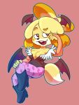  2021 animal_crossing anthro boots breasts canid canine canis capcom cleavage clothed clothing cosplay crossover crossover_cosplay darkstalkers dipstick_tail domestic_dog female footwear fur hi_res isabelle_(animal_crossing) leggings legwear leotard mammal morrigan_aensland multicolored_tail nintendo solo strawberrywith4 video_games wings yellow_body yellow_fur 