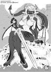  2020 absurd_res anthro biped breasts claws coin crossed_legs dragon female gold_(metal) gold_coin greyscale hair hi_res holding_object holding_sword holding_weapon horn jewelry looking_at_viewer melee_weapon monochrome murazaki non-mammal_breasts nude scalie sitting smile spade_tail sword tail_jewelry weapon wings 