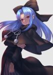  1girl absurdres black_bow black_capelet black_dress blue_hair bow capelet closed_mouth dress floating_hair fur-trimmed_capelet fur_trim grey_background hair_bow hair_intakes highres len_(tsukihime) long_dress long_hair looking_at_viewer neck_ribbon pointy_ears red_eyes ribbon shiny shiny_hair solo standing t800 tsukihime very_long_hair white_ribbon 