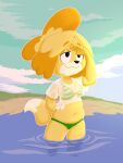  animal_crossing anthro beach bikini canid canine canis clothing domestic_dog female fur hi_res isabelle_(animal_crossing) mammal midriff nintendo partially_submerged seaside shirt solo strawberrywith4 swimwear topwear video_games water wet wet_clothing wet_shirt wet_topwear yellow_body yellow_fur 