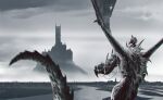  1other absurdres ambiguous_gender blurry blurry_background castle commentary dragon english_commentary flying from_behind fur_trim grey_sky greyscale highres holding kalmahul monochrome original outdoors riding scenery sitting torn_wings tower water wings wyvern 