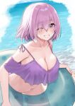  1girl arched_back ayul_(ayulneri_92) bare_shoulders bikini breasts collarbone commentary eyebrows_visible_through_hair fate/grand_order fate_(series) hair_over_one_eye highres horizon innertube large_breasts leaning_forward light_purple_hair looking_at_viewer mash_kyrielight navel ocean one_eye_closed polka_dot_innertube purple_bikini purple_eyes short_hair smile solo standing swimsuit thighs water 
