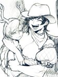  2girls anger_vein arm_around_neck breasts cleavage commentary cowboy_hat dragon_horns fang flat_chest greyscale hat highres horns huge_breasts kicchou_yachie kurokoma_saki monochrome multiple_girls neckerchief open_mouth pegasus_wings short_hair sketch smile space_jin symbol_commentary touhou turtle_shell wings 