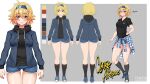  ahoge alternate_costume black_hoodie black_shirt blonde_hair blue_footwear blue_jacket blush breasts claire_(necro_xiii) denim denim_shorts english_text full_body headband highres hood hoodie jacket large_breasts looking_at_viewer multiple_views orange_eyes original palette reference_sheet shirt shoes shorts smile sneakers t-shirt thighs tk tomboy 