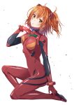  1girl ahoge bangs command_spell cosplay fate/grand_order fate_(series) fujimaru_ritsuka_(female) hair_between_eyes hair_ornament highres ichino_tomizuki looking_at_viewer neon_genesis_evangelion one_knee orange_hair plugsuit side_ponytail simple_background solo souryuu_asuka_langley souryuu_asuka_langley_(cosplay) white_background yellow_eyes 