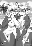  2020 absurd_res anthro arm_around_shoulders beach bikini biped breasts camera_view canid canine clothing duo female fox fur gesture greyscale hair hi_res kemono looking_at_viewer mammal midriff monochrome murazaki navel one-piece_swimsuit palm_tree plant seaside smile swimwear tree v_sign 