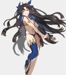 1girl :d absurdres bare_shoulders blue_bow blue_legwear bow breasts brown_hair chyoel cleavage earrings fate/grand_order fate_(series) floating_hair hair_bow head_tilt highres ishtar_(fate) ishtar_(fate)_(all) jewelry long_hair looking_at_viewer open_mouth red_eyes simple_background single_thighhigh smile solo thighhighs white_background 