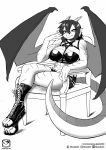  2020 absurd_res anthro biped boots bottomwear bra chair claws clothing dragon female footwear furgonomics furniture greyscale hair hi_res horn looking_at_viewer monochrome murazaki muscular muscular_anthro muscular_female scalie shorts simple_background sitting smile solo underwear white_background wings 