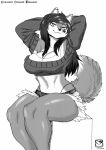  2020 absurd_res anthro arms_above_head bedroom_eyes big_breasts biped bottomwear breasts canid canine clothed clothing crop_top ear_piercing facial_piercing female fluffy fluffy_tail fox fur furgonomics furry-specific_piercing greyscale hair hi_res industrial_piercing legwear long_hair mammal midriff monochrome murazaki muzzle_piercing narrowed_eyes navel nose_piercing piercing seductive shirt shorts simple_background sitting skimpy solo thigh_highs topwear white_background 