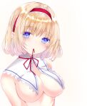  1girl alice_margatroid bangs bare_shoulders blonde_hair blue_eyes blush breasts eyebrows_visible_through_hair hair_between_eyes hairband looking_at_viewer medium_breasts mouth_hold nanase_nao neck_ribbon red_hairband red_ribbon ribbon ribbon_in_mouth simple_background solo touhou upper_body white_background 