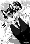  2020 absurd_res canid canine cheek_tuft clothed clothing dialogue dress_shirt english_text facial_tuft fox fully_clothed fur gesture greyscale hair hi_res inner_ear_fluff male mammal monochrome murazaki necktie open_mouth pawpads shirt smile solo text topwear tuft vest waving 